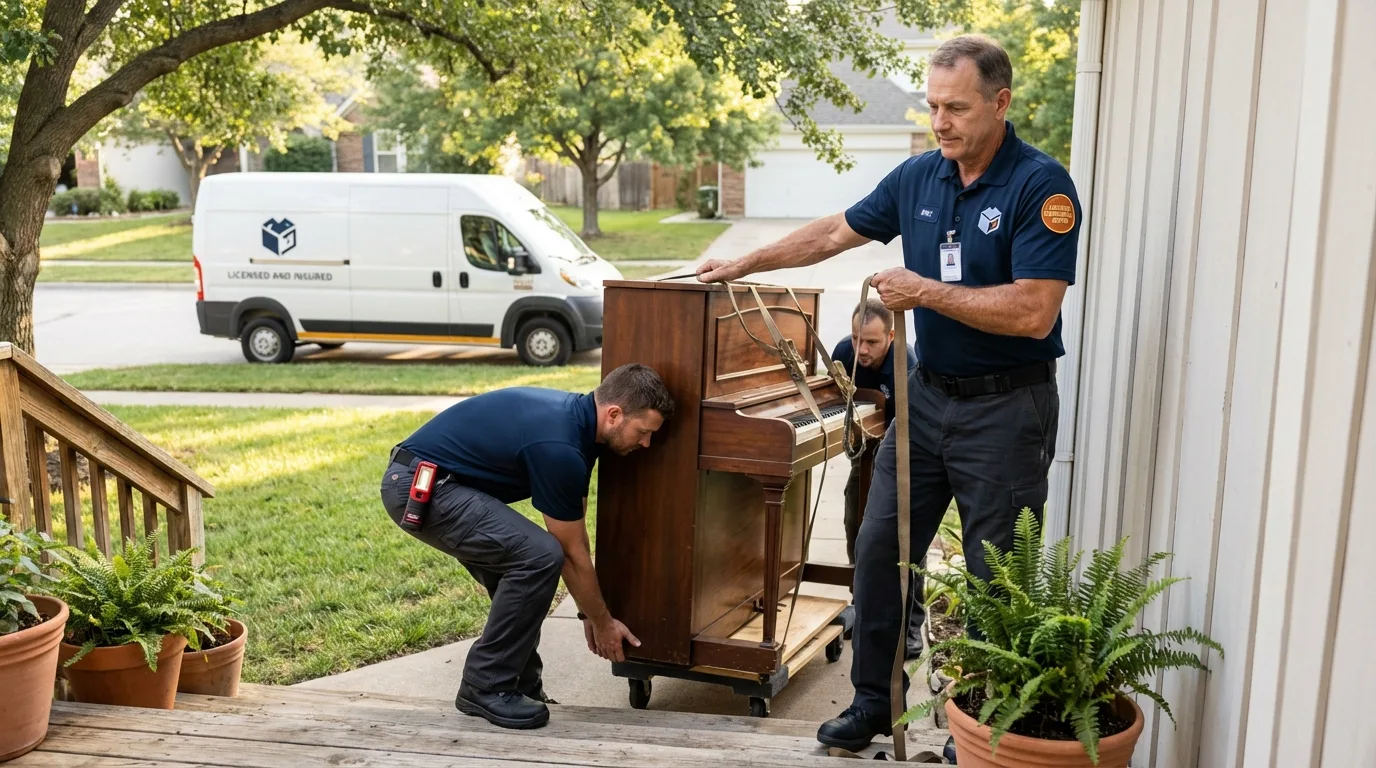Licensed piano movers securing grand piano in Coralville, IA