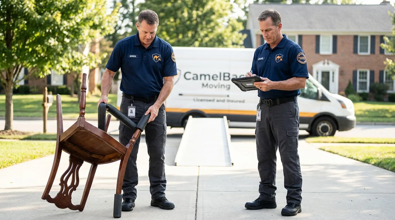 Movers inspecting furniture for damage prevention before loading in Coralville, IA