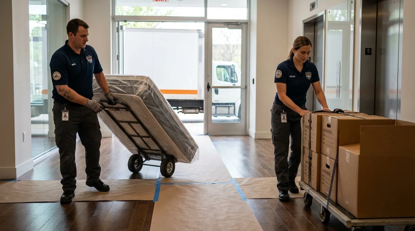 Professional apartment movers loading elevator in Coralville, IA