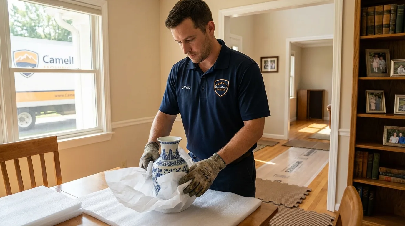 Professional crew carefully wrapping antique vase for senior downsizing move in Coralville, IA