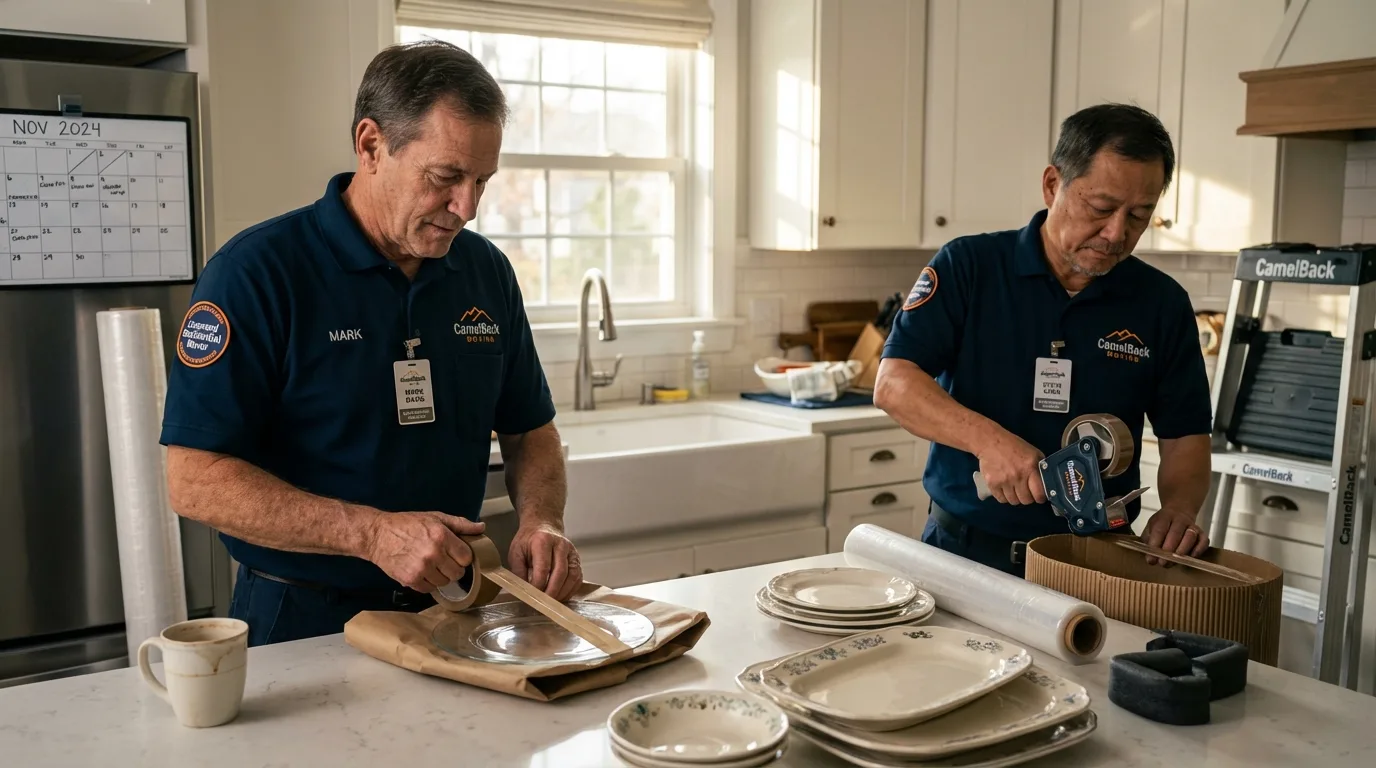 Professional crew packing kitchen dishware in Coralville, IA
